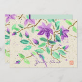 Washiの紙を絵を描く紫色クレマチスの水彩画 招待状 (正面/裏面)