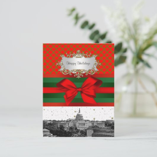 Washington D.C.のスカイラインの赤い緑のクローバーBGのクリスマス シーズンポストカード (スタンド正面)