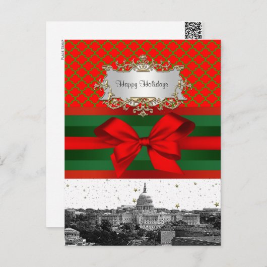 Washington D.C.のスカイラインの赤い緑のクローバーBGのクリスマス シーズンポストカード (正面/裏面)