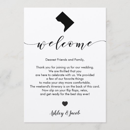 Washington D.C.の結婚式の歓迎の手紙及び旅程 プログラム (正面)