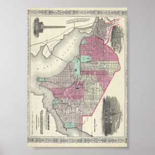 Washington D.C.の1866年のジョンソンの地図 ポスター