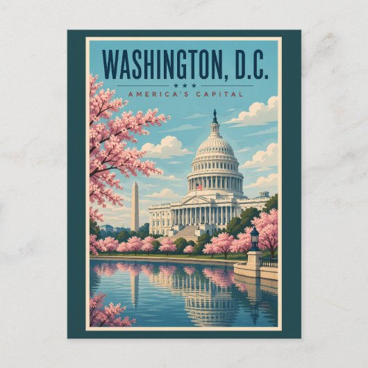 Washington DC Cherry Blossoms Illustration Travel ポストカード (正面)