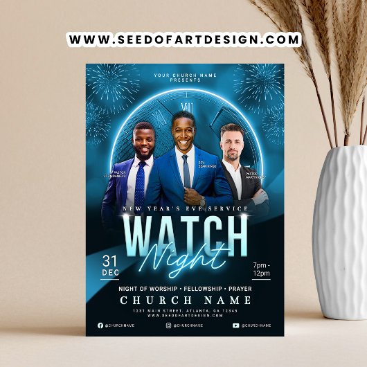 Watch Night New Year's Eve Church Service Flyer チラシ