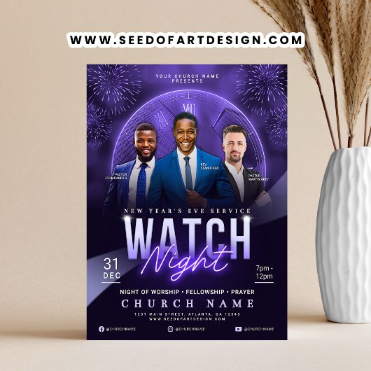 Watch Night New Year's Eve Church Service Flyer チラシ