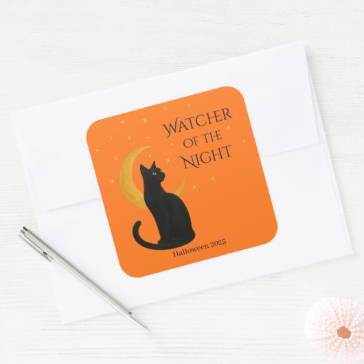 Watcher of the Night - Halloween Black Cat スクエアシール (封筒)