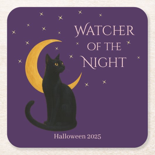 Watcher of the Night - Halloween Black Cat スクエアペーパーコースター (正面)