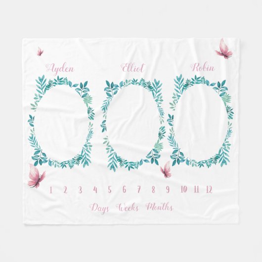 Water ガーリー Colorフローラの三つ子マイルストーン フリースブランケット (正面(横))