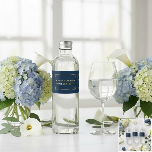 Water Bottle Label Chic Navy Gold 80th Birthday ペットボトルラベル