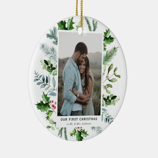 Water colorエバーグリーンとホリーの額縁の写真 セラミックオーナメント (右)