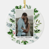 Water colorエバーグリーンとホリーの額縁の写真 セラミックオーナメント (正面)