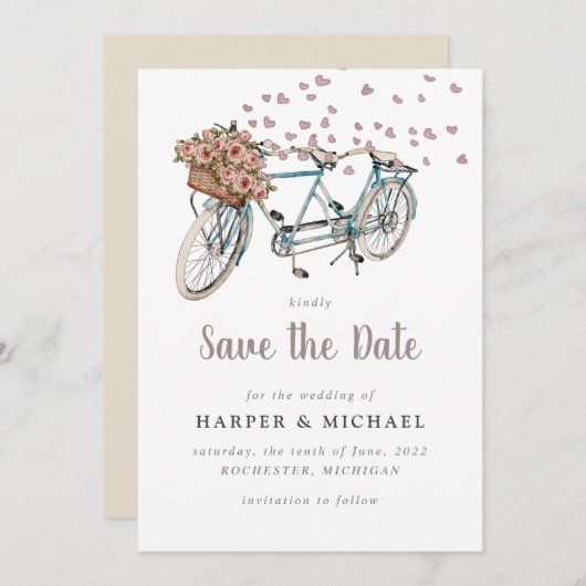 Water Colorタンデム自転車は日付を保存 招待状 (正面/裏面)