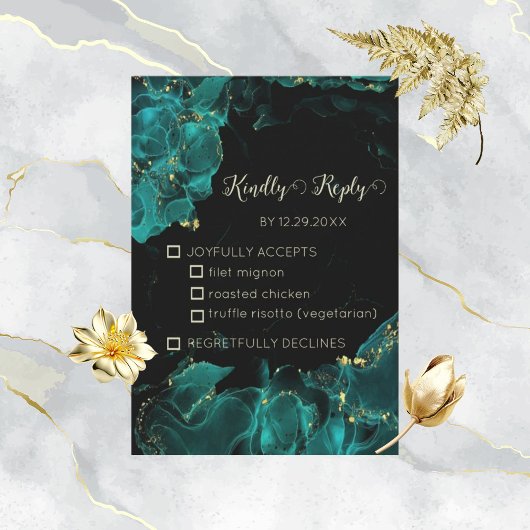 Water color AnastasiaブラックカードとグリーンRSVPカード サンキューカード