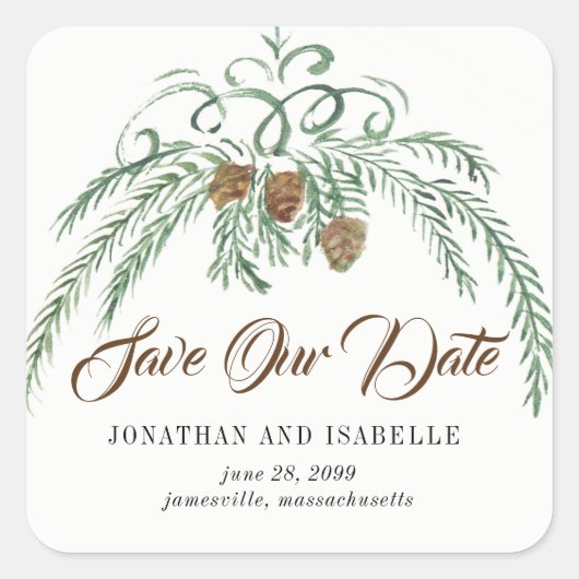 Water Color GreeneryとPine Cones私たちの日救付 スクエアシール (正面)