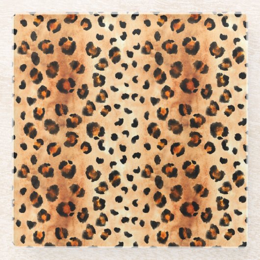Water Color Leopard Print:エキゾチックなファーテクスチャ ガラスコースター (正面)