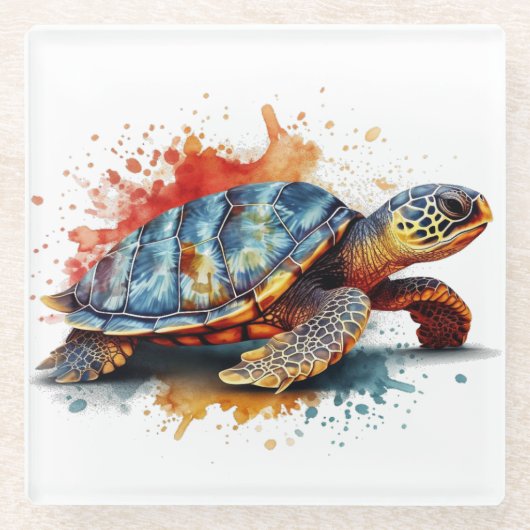 water color painting of a colorful turtle ガラスコースター (正面)