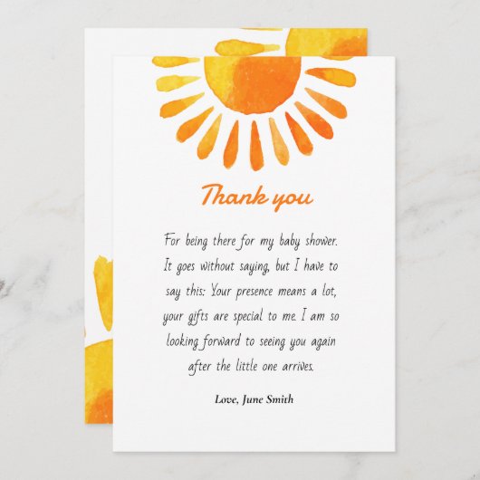 Water Color Sun Raysベビーシャワーサンキューカード 招待状 (正面/裏面)