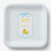 Water Droplets Gingham Boy Baby Shower ペーパープレート (正面)