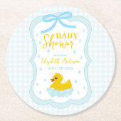 Water Droplets Gingham Boy Baby Shower ラウンドペーパーコースター (正面)