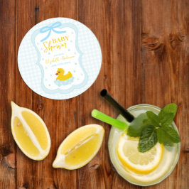 Water Droplets Gingham Boy Baby Shower ラウンドペーパーコースター