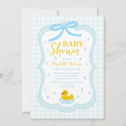 Water Droplets Gingham Boy Baby Shower 招待状 (正面)