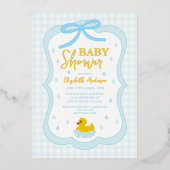 Water Droplets Gingham Boy Baby Shower 箔招待状 (正面)