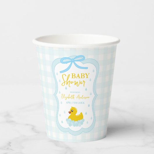 Water Droplets Gingham Boy Baby Shower 紙コップ (正面)