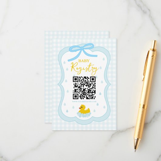 Water Droplets Gingham Boy Baby Shower Registry エンクロージャーカード (正面/裏面インサイチュ)