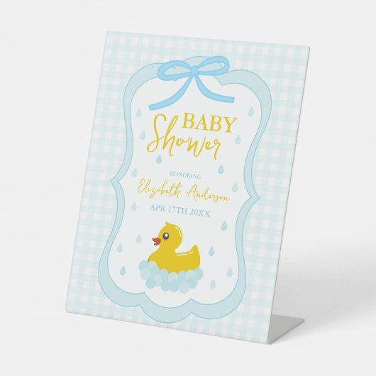 Water Droplets Gingham Boy Baby Shower Welcome 台座サイン (正面)