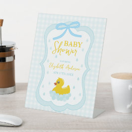 Water Droplets Gingham Boy Baby Shower Welcome 台座サイン