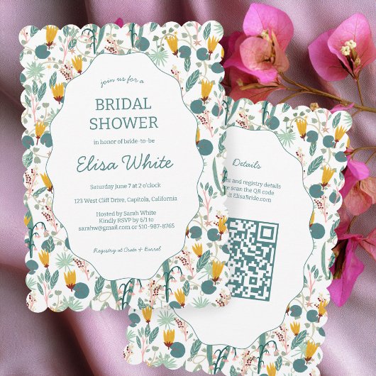 Water Garden Floral Bridal Shower Cute CUSTOM QR 招待状