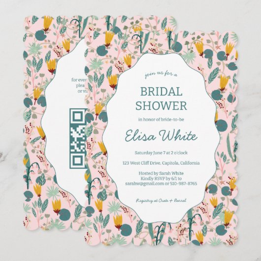 Water Garden Floral Bridal Shower Cute CUSTOM QR 招待状 (正面/裏面)