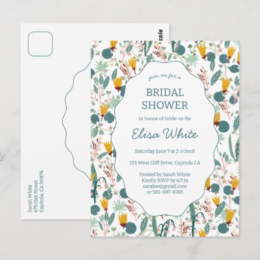 Water Garden Floral Bridal ShowerCUSTOM Invitation ポストカード (正面/裏面)