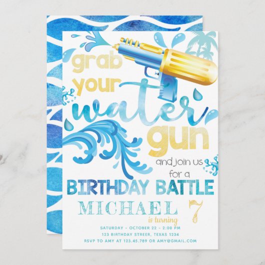 Water Gun Summer Birthday Party for Boy 招待状 (正面/裏面)
