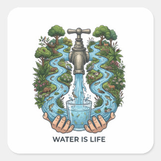 Water Is Life | Nature Ecosystem Conservation Art スクエアシール