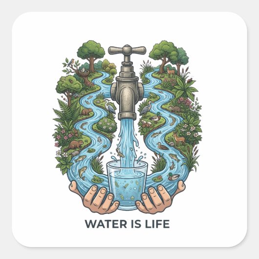 Water Is Life | Nature Ecosystem Conservation Art スクエアシール (正面)