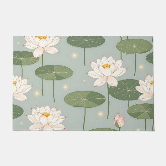 Water Lily Lotus Pond Pattern ドアマット (正面)