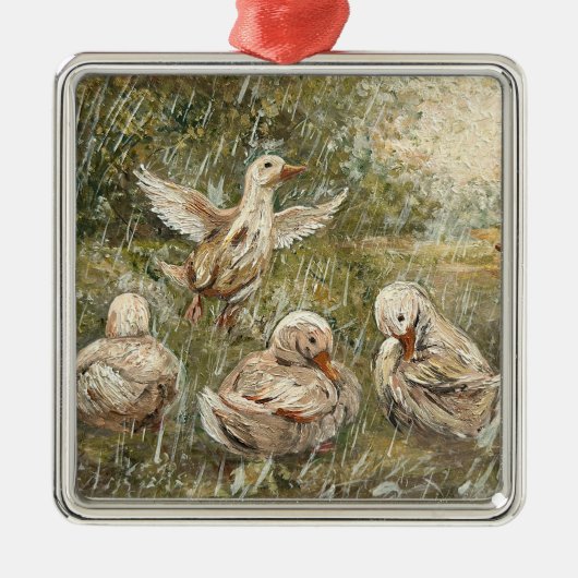 Water Play Whimsical Farmhouse Duck Family Pond メタルオーナメント (正面)