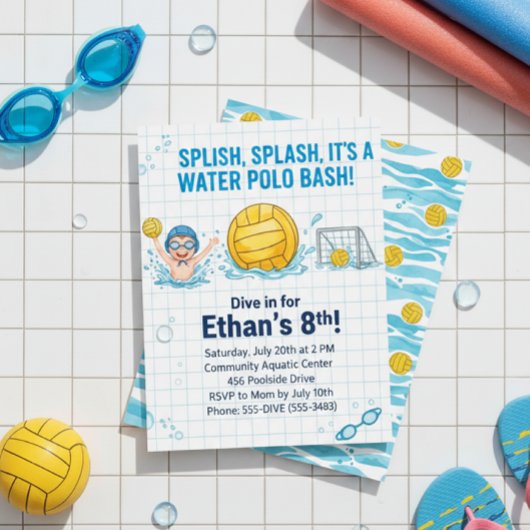 Water Polo Pool Party Boy Birthday Invitation 招待状