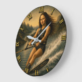 Water Skiing Funny Mona Lisa Gift for Lake & Water ラージ壁時計 (傾斜)