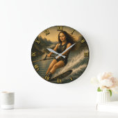 Water Skiing Funny Mona Lisa Gift for Lake & Water ラージ壁時計 (ホーム)