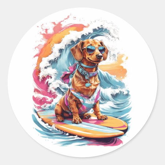 Water Wave Splashを使用したDachshund Tシャツデザイン ラウンドシール (正面)