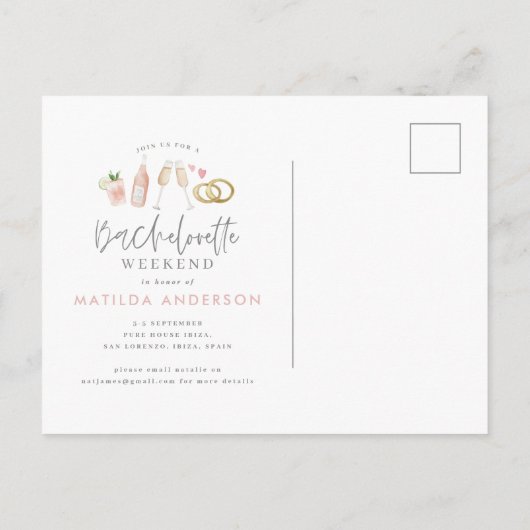 WaterColorド色彩の鮮やかリンクバチェロレッテの週末の送信 インビテーションポストカード (裏面)