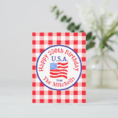 Watercolor 250 Bday USA Flag Red Check INVITATION ポストカード (スタンド正面)