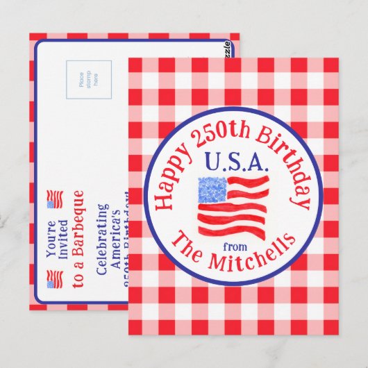 Watercolor 250 Bday USA Flag Red Check INVITATION ポストカード (正面/裏面)