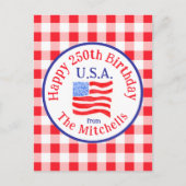 Watercolor 250 Bday USA Flag Red Check INVITATION ポストカード (正面)