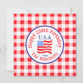Watercolor 250 Birthday USA Flag Red Check  セーブザデート (正面)