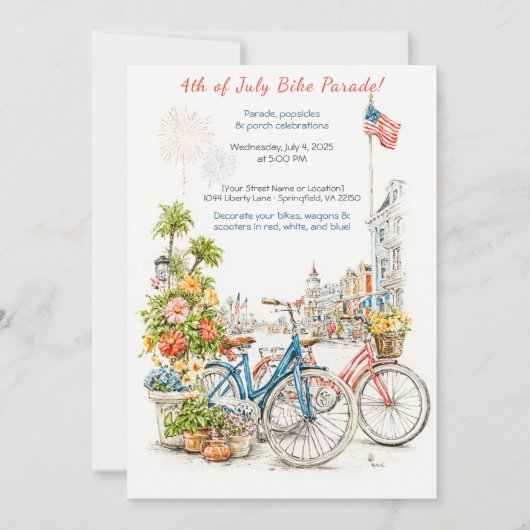 Watercolor 4th of July Bike Parade Invitation  招待状 (正面)