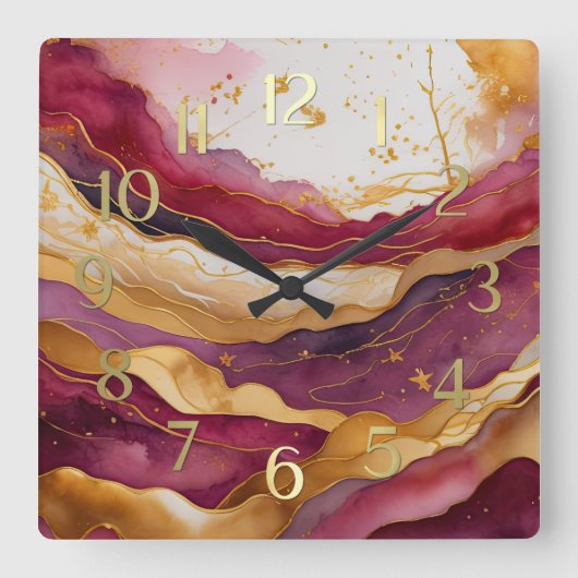 Watercolor Abstract Landscape Painting Gold  スクエア壁時計 (正面)