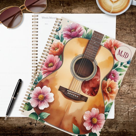 Watercolor Acoustic Guitar Floral プランナー手帳