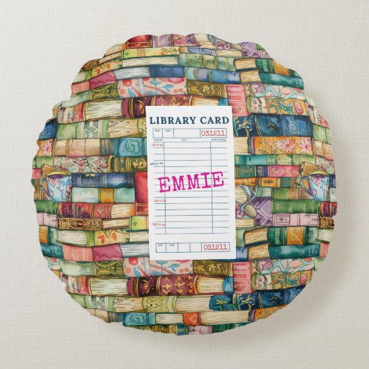 Watercolor Aesthetic Stacked Books ラウンドクッション (正面)